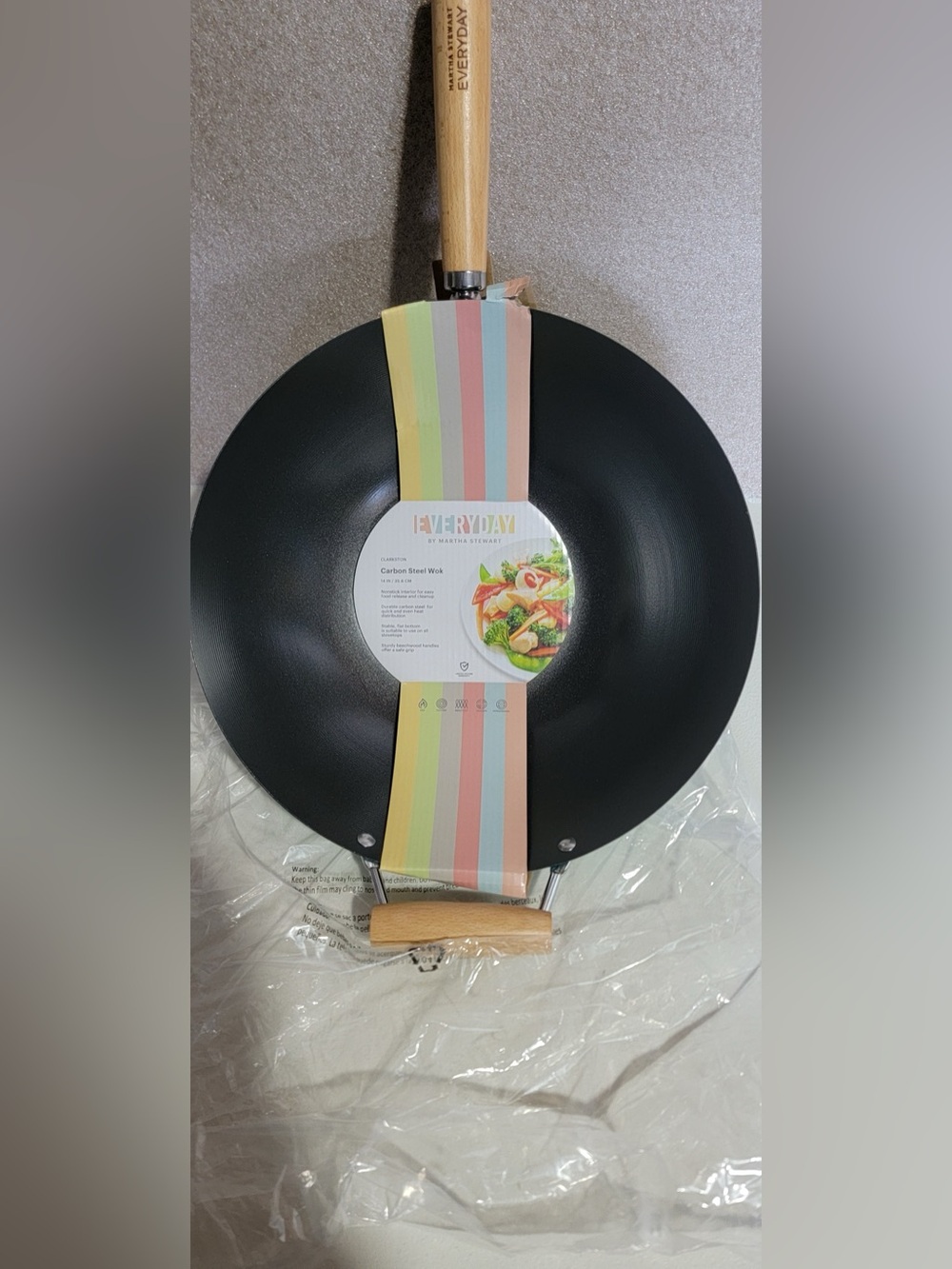 14" Carbon Steel Wok with Wooden Handle - Tiffany blue color on outside.